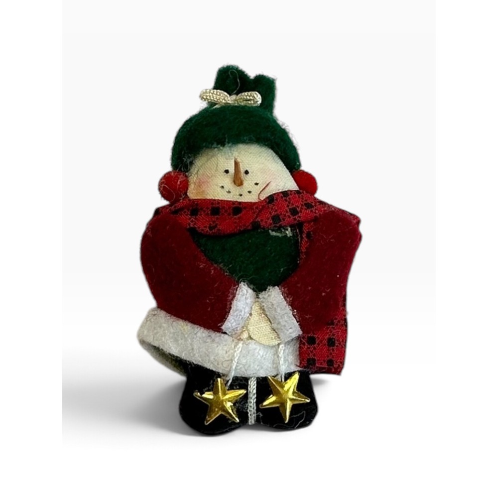 Fabric Snowman Brooch Pin Green Red Folk Art Rustic Holiday Star